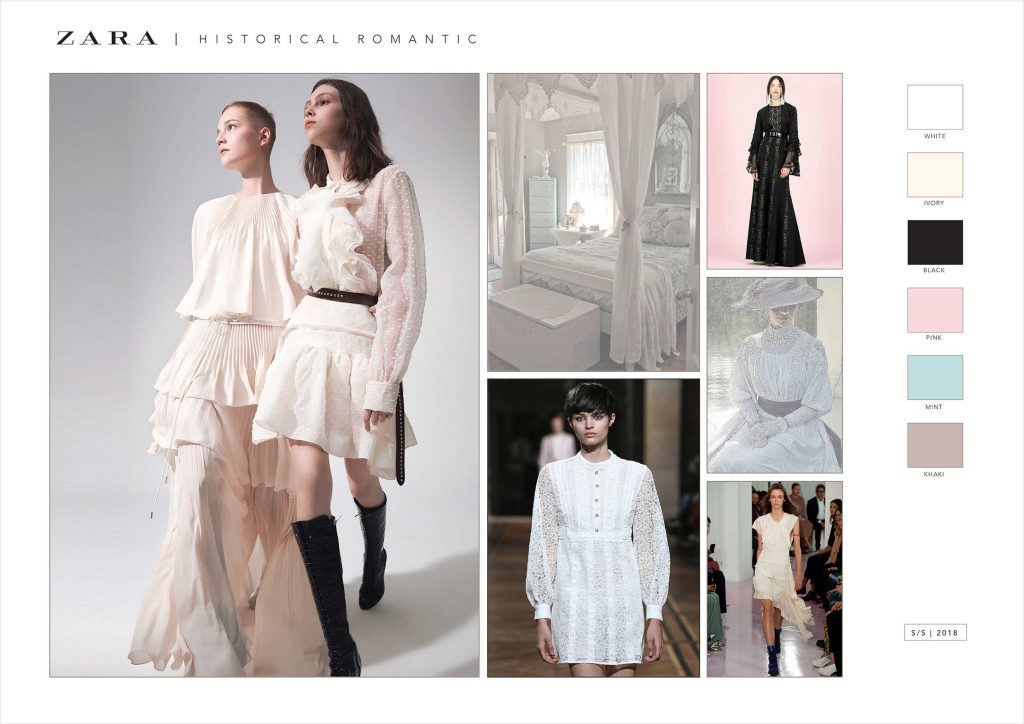 A fashion design mood board about historical romantical inspiration