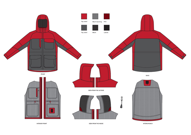A clothing tech pack of a technical men's winter jacket
