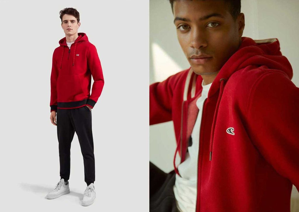 A fashion presentation board showcasing O'Neill Athleisure wear designs of two men wearing red hoodies on black joggers