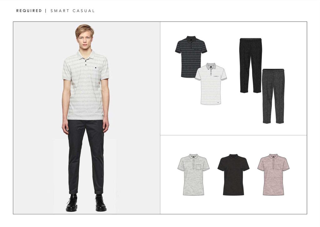 A men wearing a semi-dressed polo shirt and a black cropped trousers with design drawings on the right side of the page
