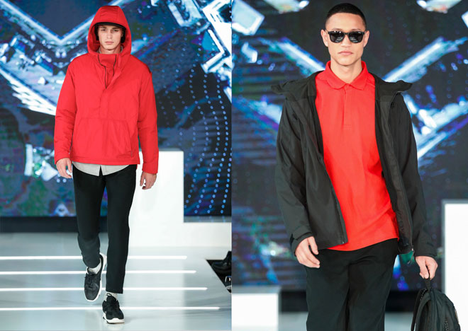 A man wearing a red anorak on a black trousers and a man wearing a red polo shirt and a black technical jacket on a black pants at the O'Neill fashion show in 2020 in The Netherlands