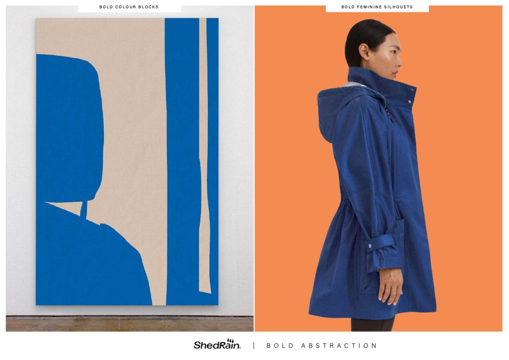 A fashion design mood board showcasing a bright blue technical women's parka and a blue abstract painting