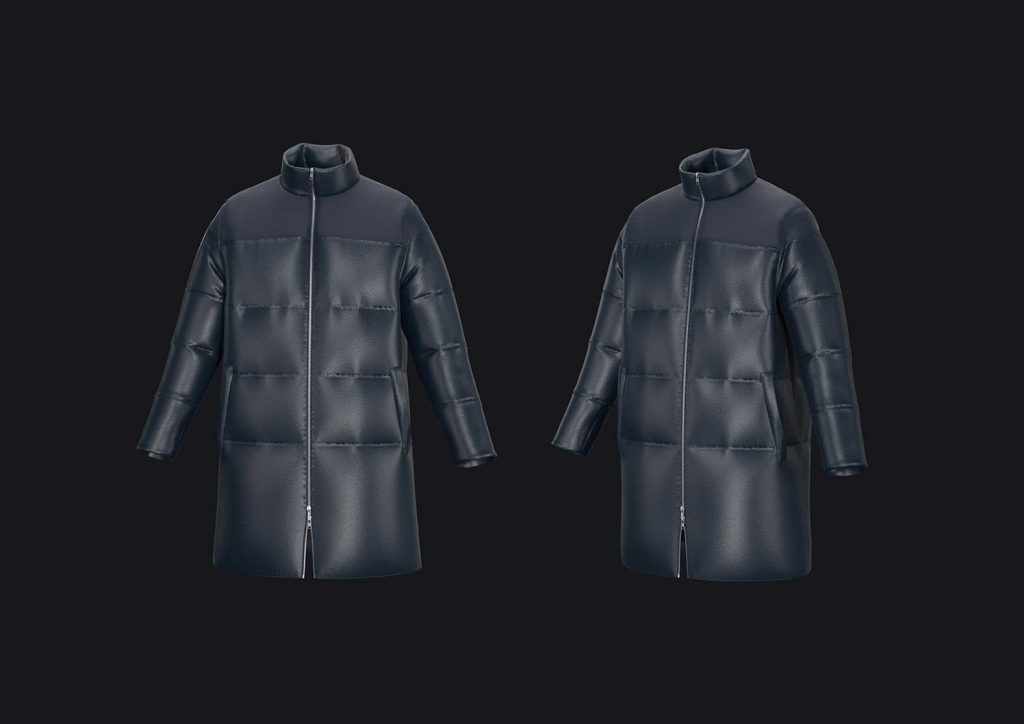 Two views of a dark blue men's long down jacket designed in clo3d software