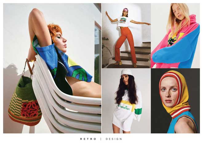 A fashion design mood board showing women in colourful streetwear clothing outfits