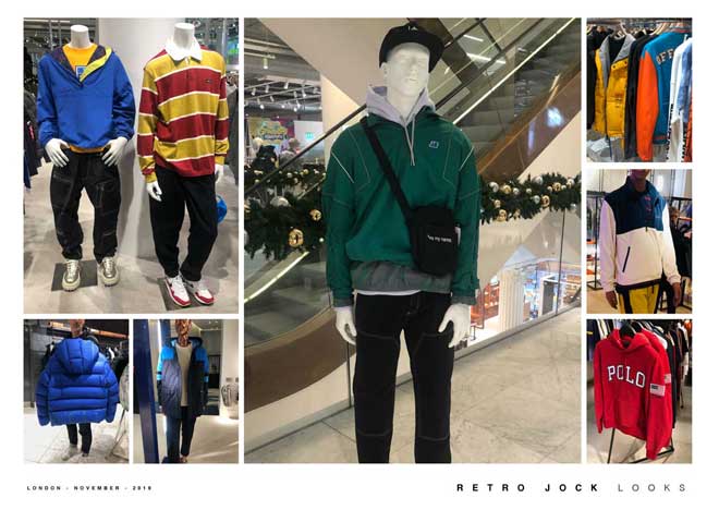 A fashion design mood board showing showing colorful retro streetwear outfits for men