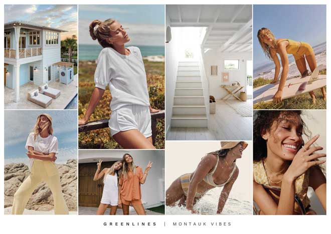A fashion design mood board showing women showing women in sun bleached colored surf outfits