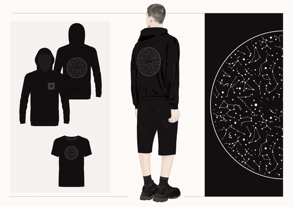 A presentation board of streetwear fashion on which a man is wearing a oversized hoodie with a large back print