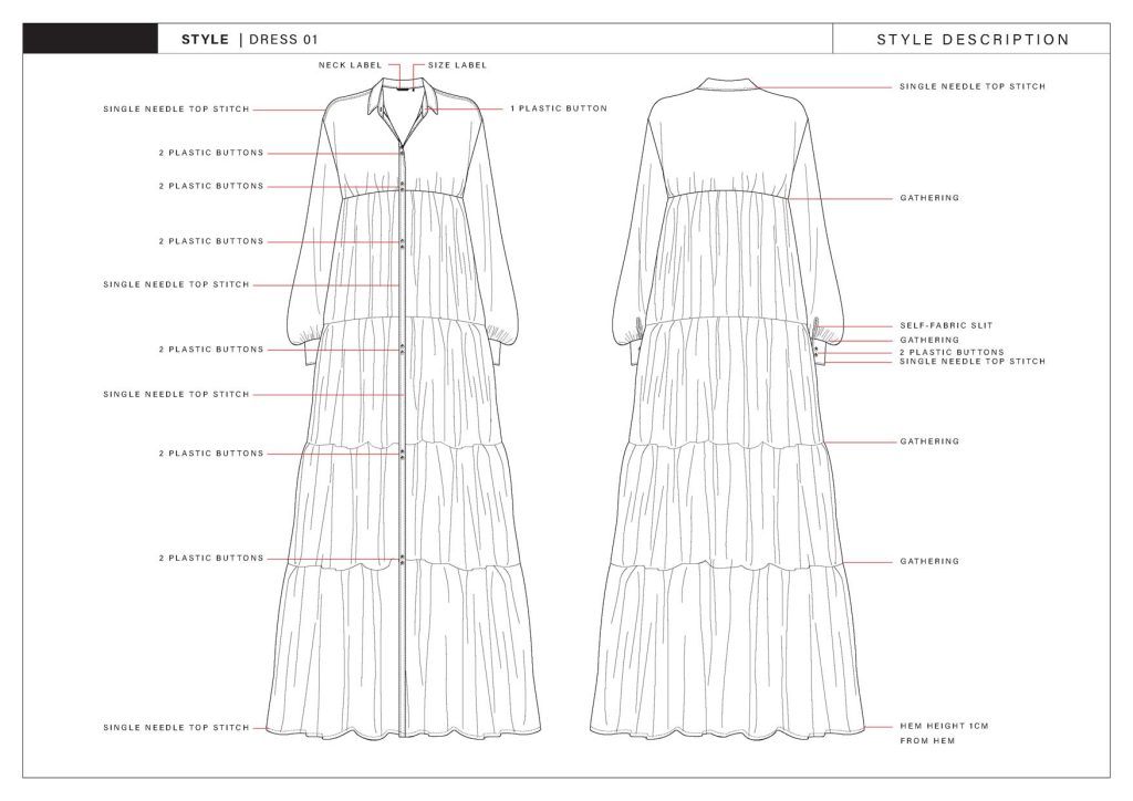 a line sheet drawing for a clothing tech pack of a long oversized dress
