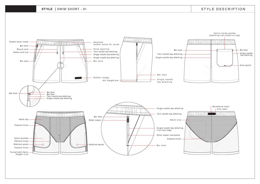A line drawing of a tech pack for a surf short