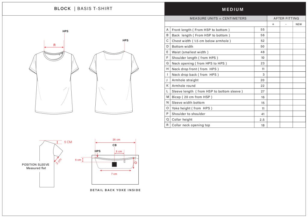 A a measurement sheet for a women's t-shirt