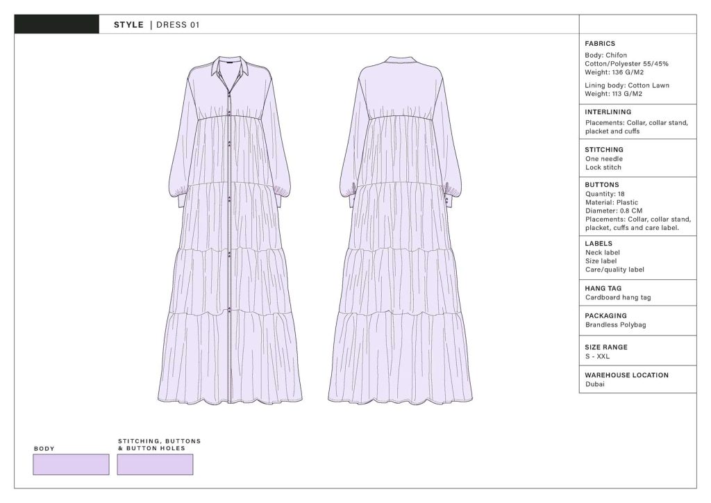 a line drawing for a clothing tech pack of a long oversized dress