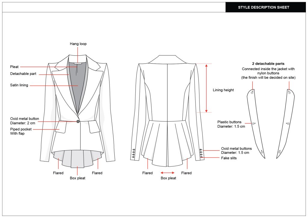 A design drawings of a tailored formal womens jacket