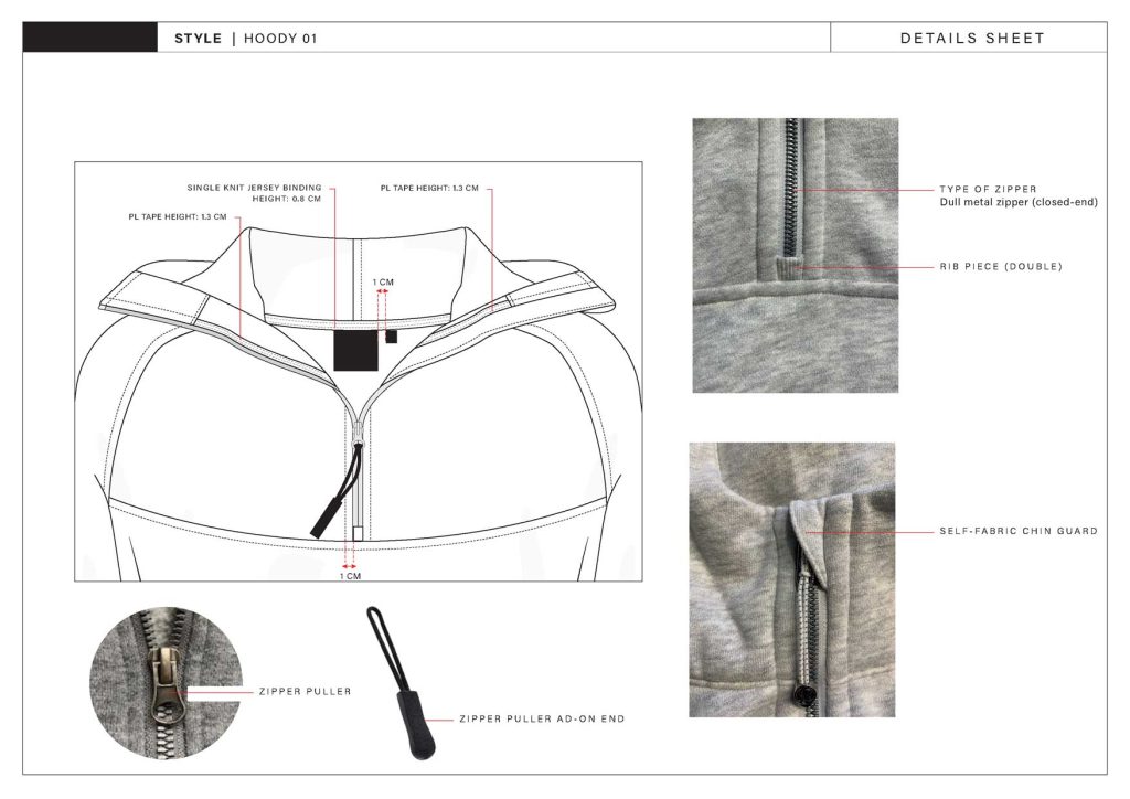 A detail sheet for a clothing tech pack of a hoody
