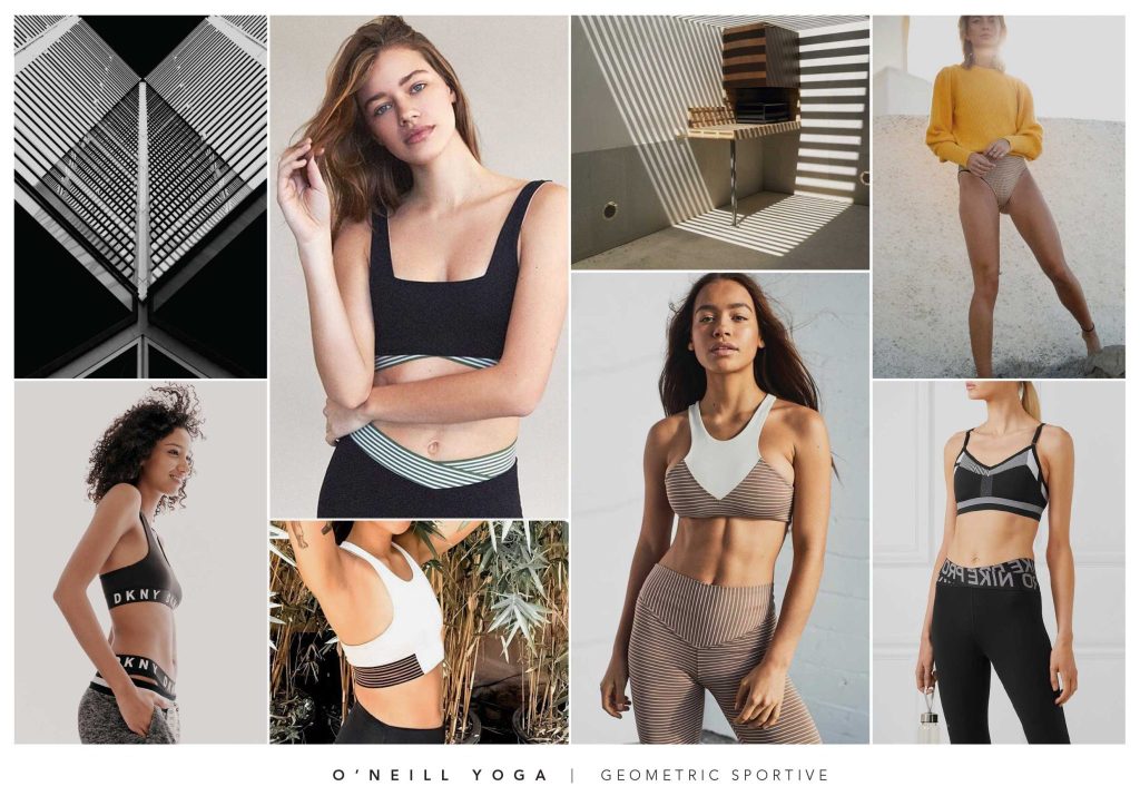 A mood board for a yoga wear line for women with a geometrical inspiration theme