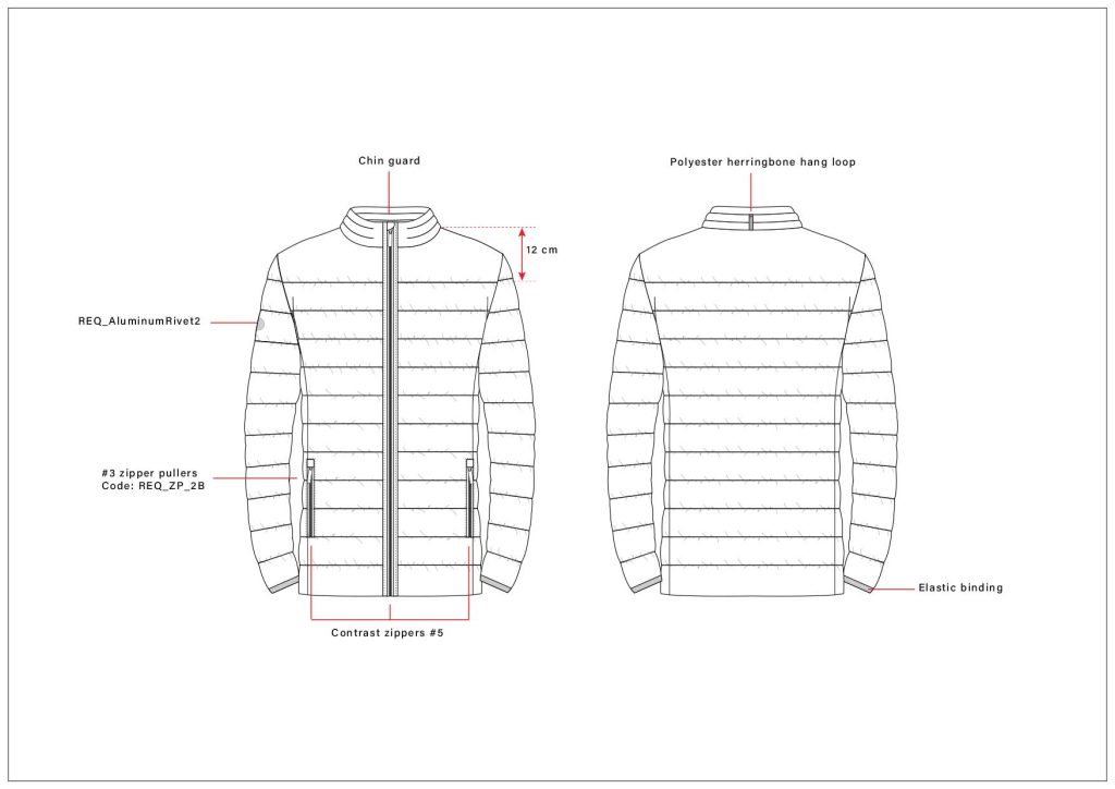 technical drawings tech pack for a down jacket for men