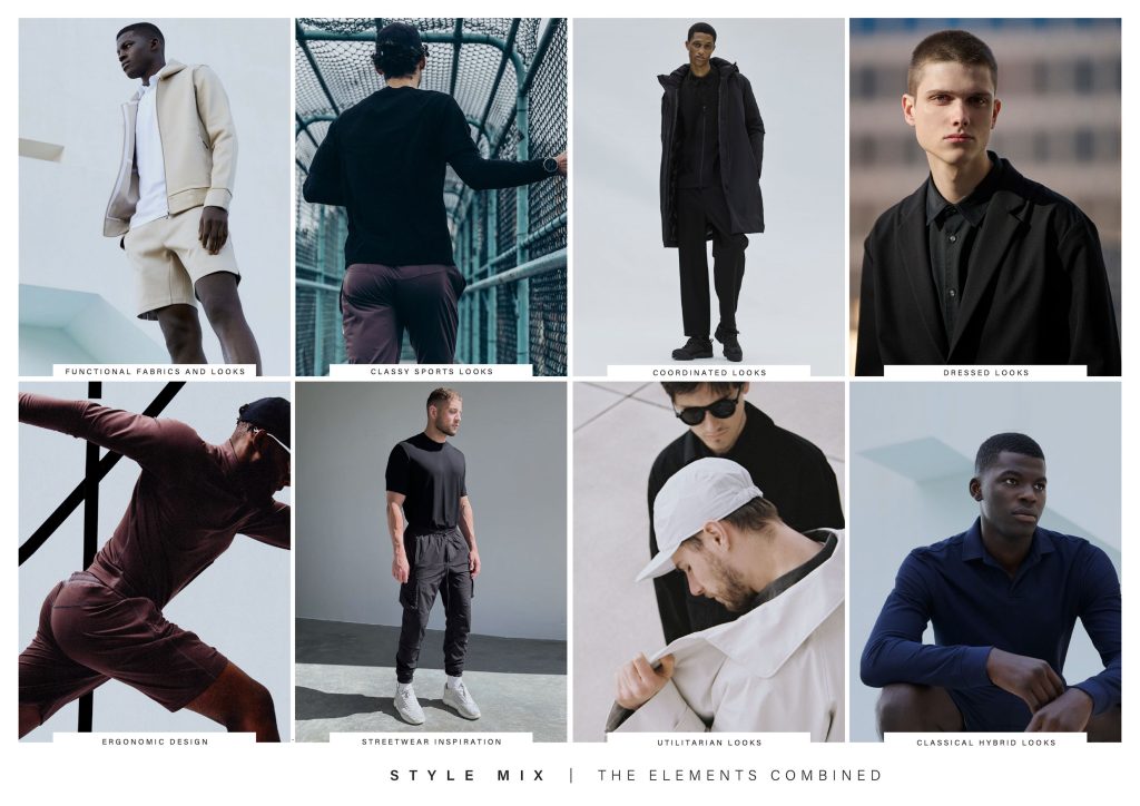 A fashion design mood board showcasing minimal menswear