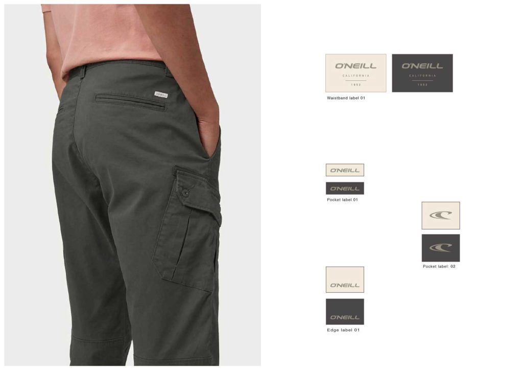 Clothing branding for men explained with an example of a man wearing an army green cargo pants and above his right pocket a woven branded label and with examples of clothing label designs