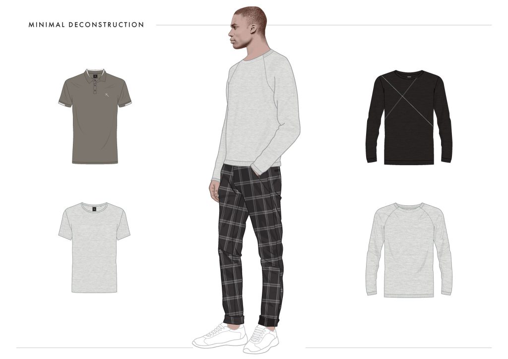 A fashion illustration of a African American man wearing a black checked pants and a heather grey sweatshirts and white sneakers.