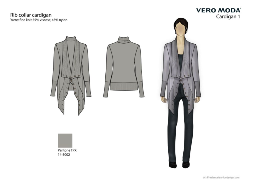 A fashion design illustration of a grey draped knitwear cardigan for women's wear brand Vero Moda.
