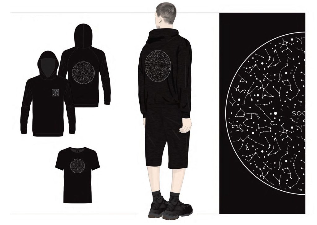 A mood board for a luxury fashion brand for men showcasing a man in black oversized hoodie and shorts.