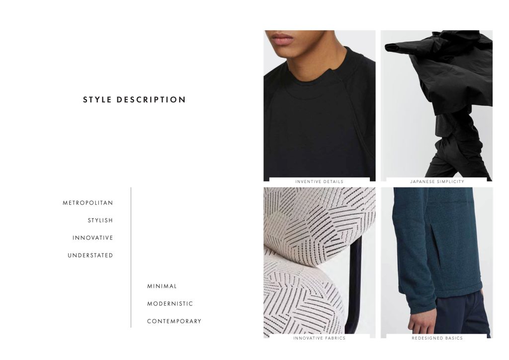 A clothing brand positioning mood board showcasing minimal menswear examples and core inspiration sources