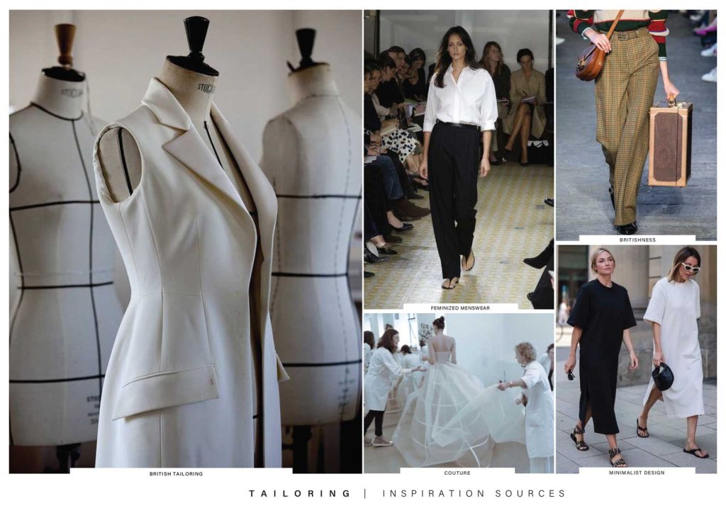 A clothing brand positioning mood board showcasing tailor inspiration women's wear