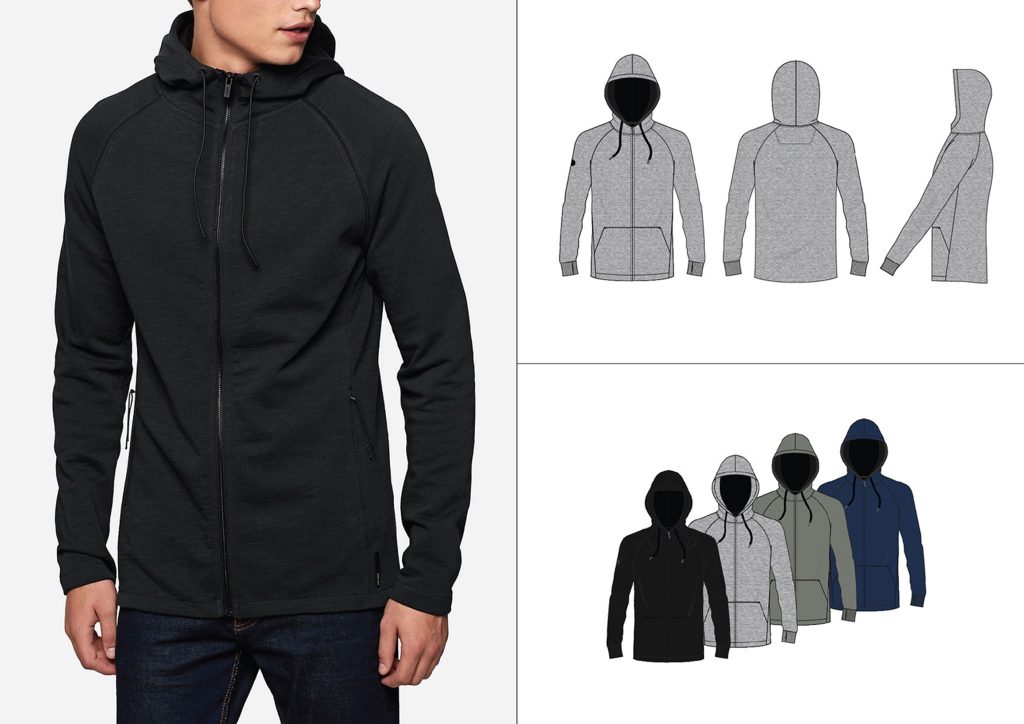 A man wearing a black slim fit hoodie and fashion design drawings made in Adobe Illustrator