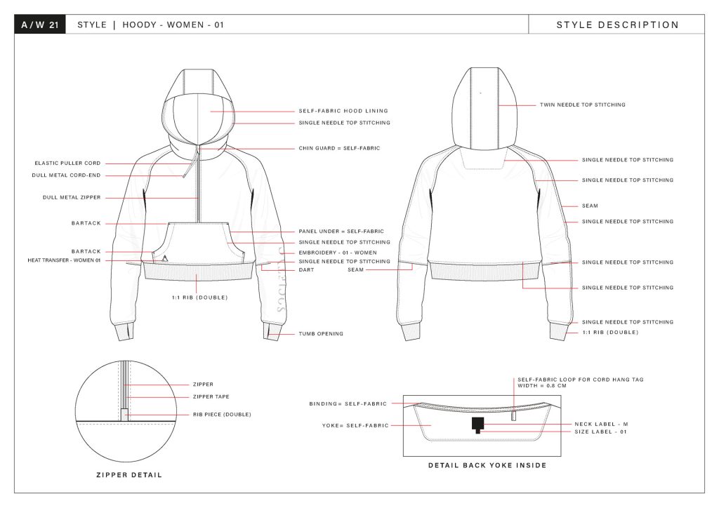 Technical black and white drawings on a line sheet of a women's clothing tech pack.