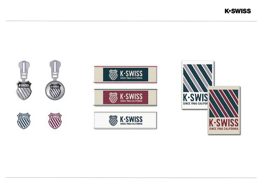 Clothing label designs of the American tennis brand K-Swiss