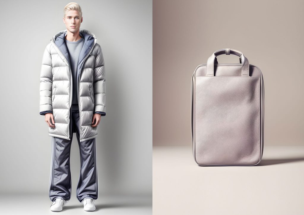 An image of menswear designer of a shiny light grey long down jacket and track pants and a minimalist backpack visualized on a blonde man standing against a grey background