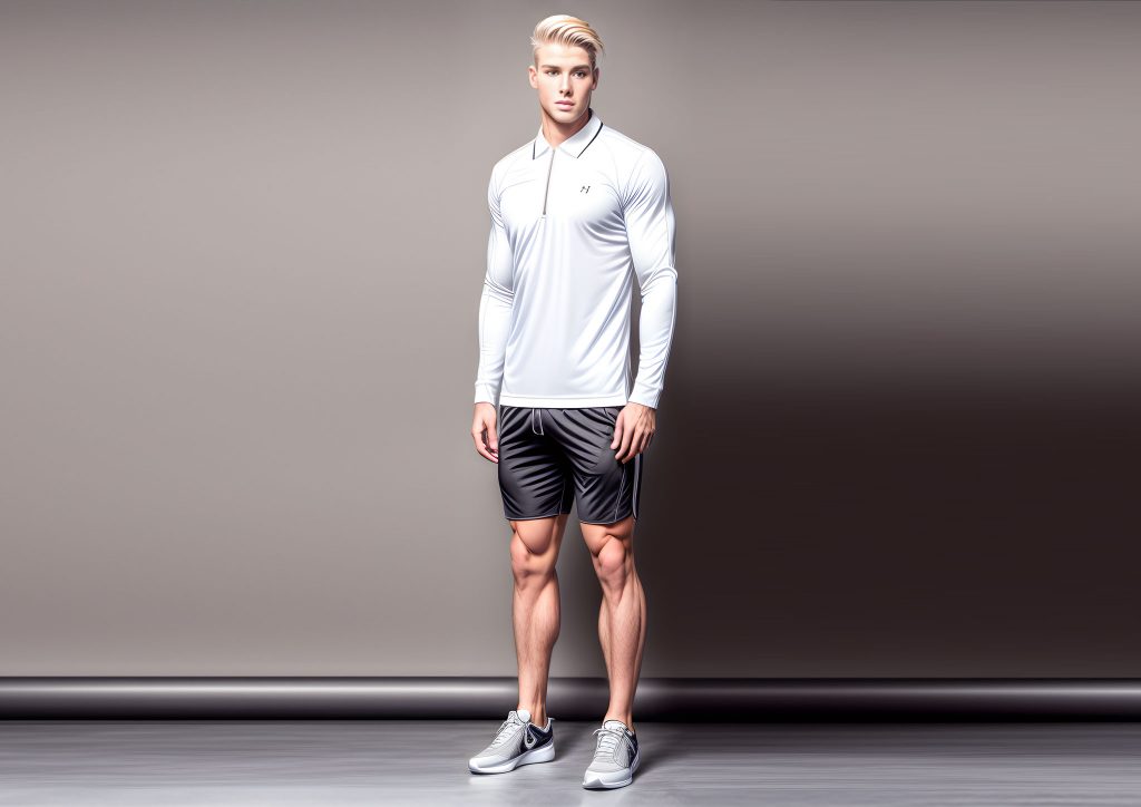 An image of sportswear designer of a white Polyester long sleeved sport top and a grey shiny shorts visualized on a blonde man standing against a grey background