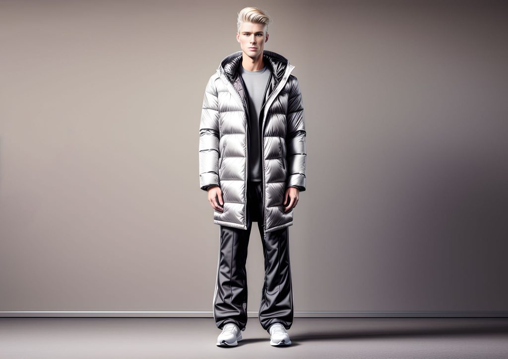 An image of menswear designer of a shiny grey long down jacket and track pants visualized on a blonde man standing against a grey background