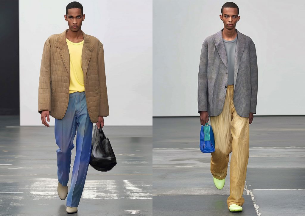 Two black men walking on a catwalk showcasing contemporary menswear summer looks in neutral colors with yellow and blue accents.