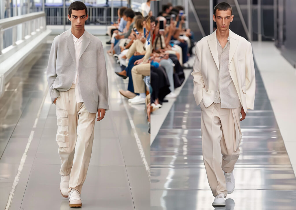 Two men on a catwalk wearing off-white suits