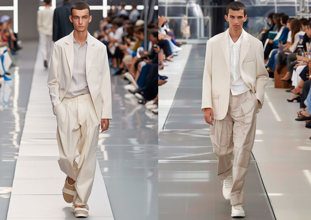 Two men on a catwalk wearing off-white suits