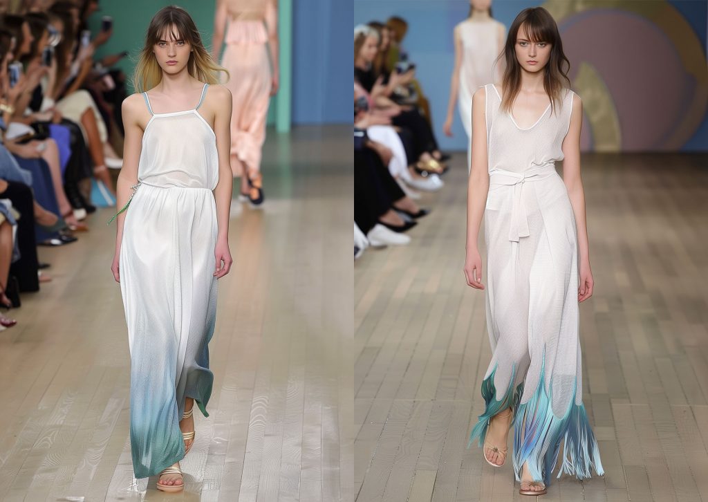 Two women walk on a catwalk wearing white and turquoise summer looks in lightweight knits