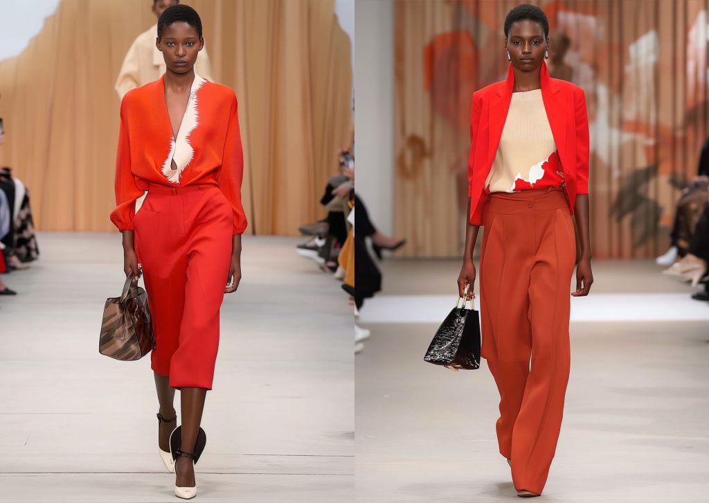 Two African fashion models walk on a catwalk wearing red pret-a-porter outfits