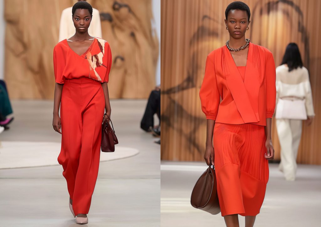 Two African fashion models walk on a catwalk wearing red pret-a-porter outfits