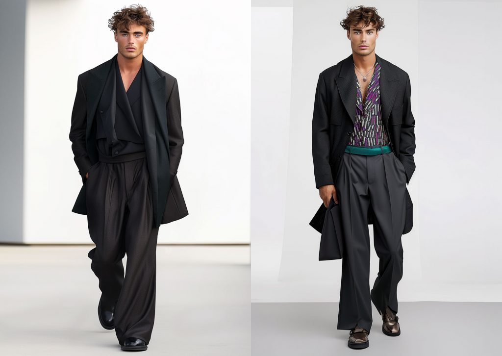 Two Caucasian male high-end fashion models walk on a catwalk wearing a grey with purple outfits consisting of loose fitting blazers and trousers.