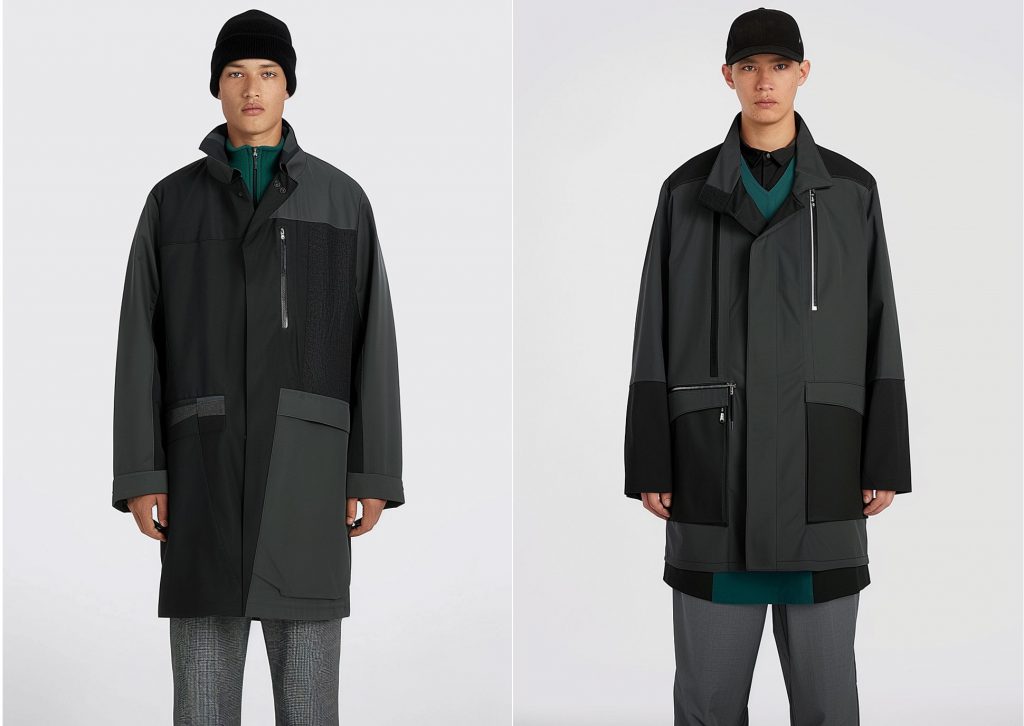 Two Japanese men are wearing minimalist Goretex parkas in dark colors