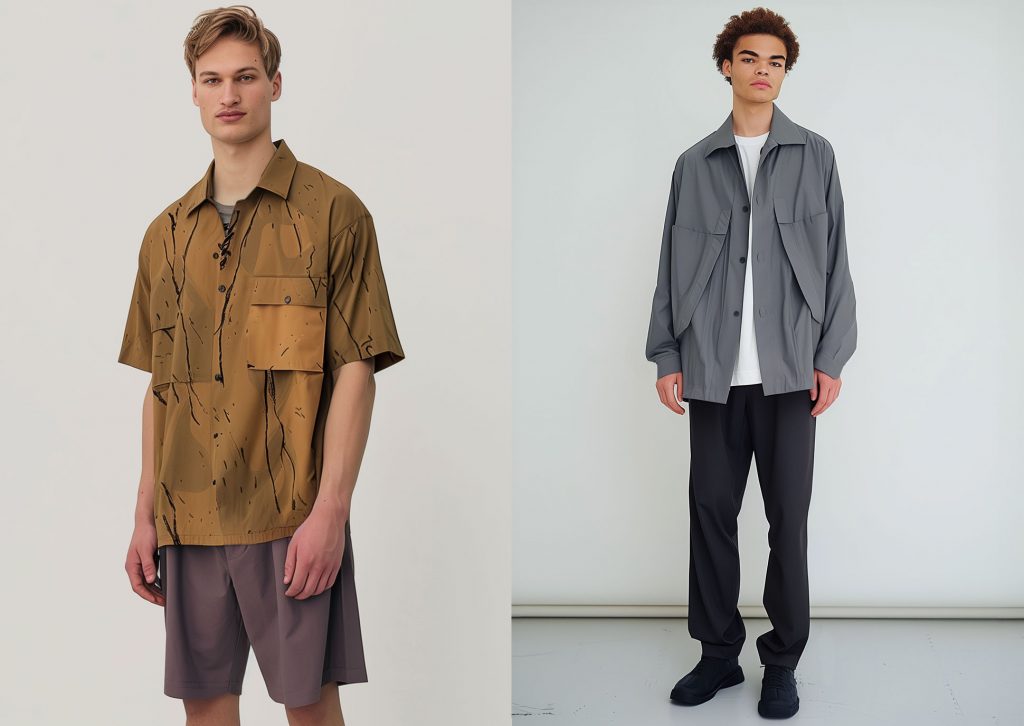 Two men minimalist utilitarian Japanese casual wear summer outfits