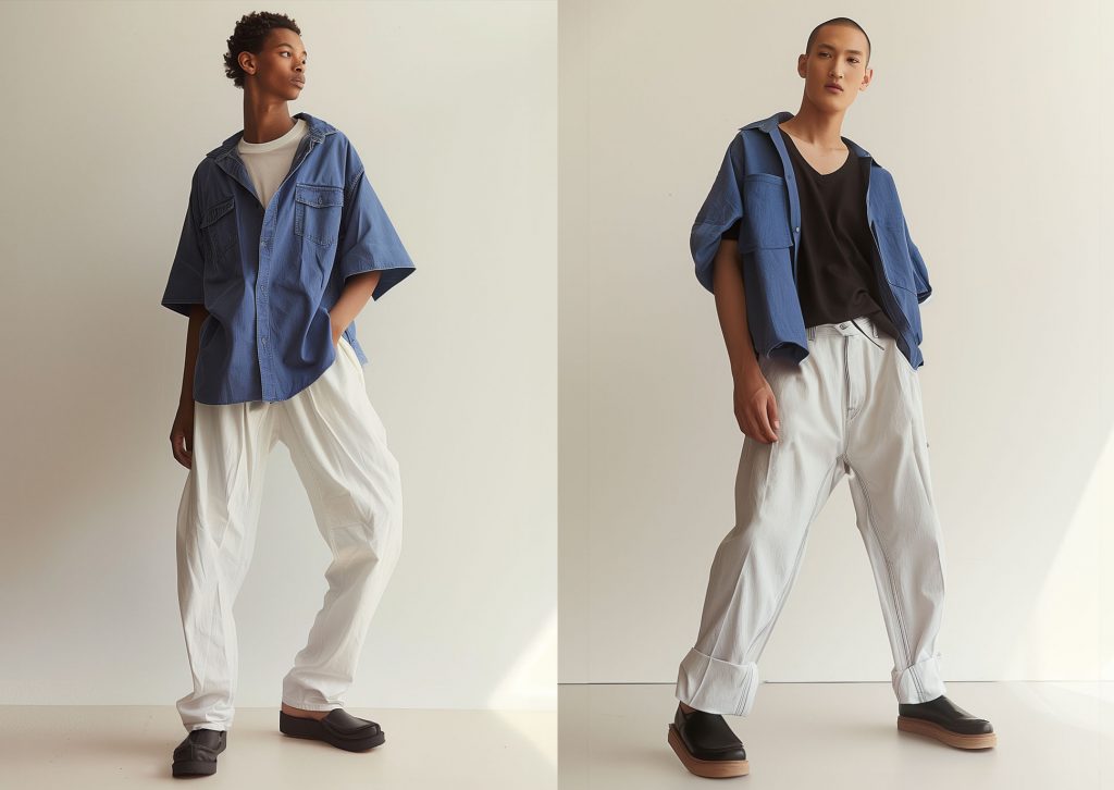 One male African fashion model and one male Japanese fashion model posing in Japanese luxury looks against a white backdrop.