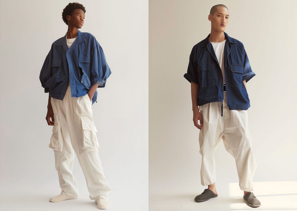 One female African fashion model and one male Japanese fashion model posing in Japanese luxury looks against a white backdrop.