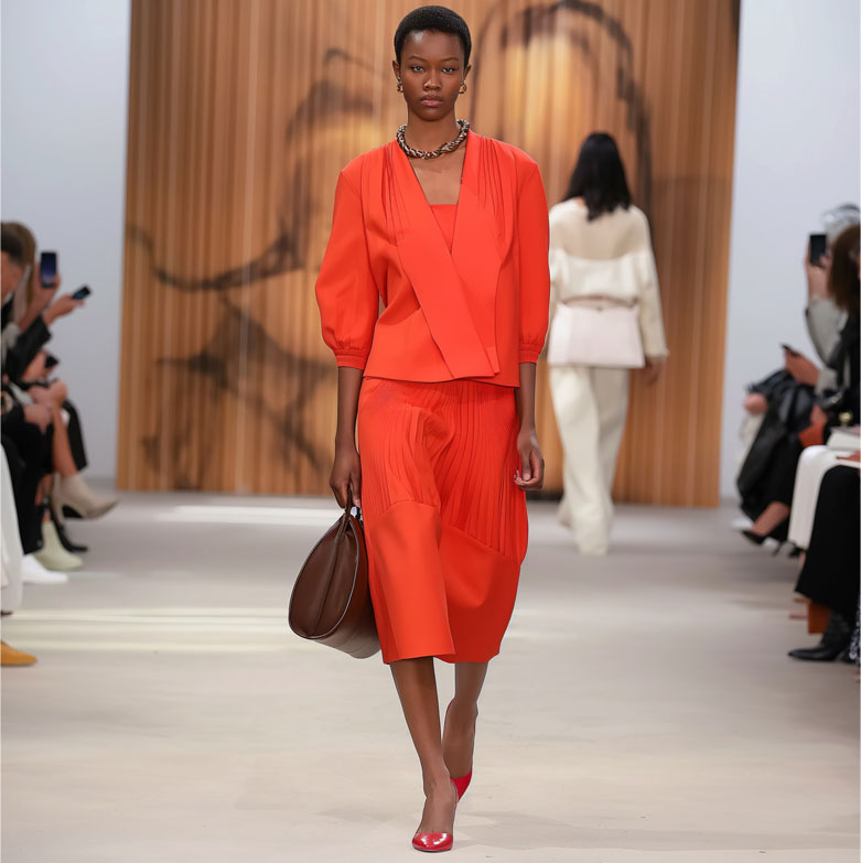 An African fashion models walks on a catwalk wearing a red pret-a-porter outfit