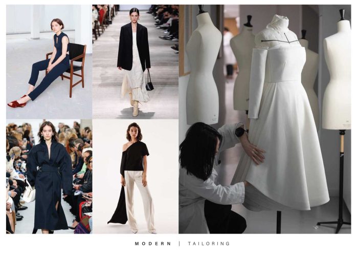 A fashion design mood board showcasing black and white modern tailored clothes for women