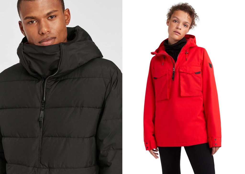 Man in a black jacket and a woman in a red jacket