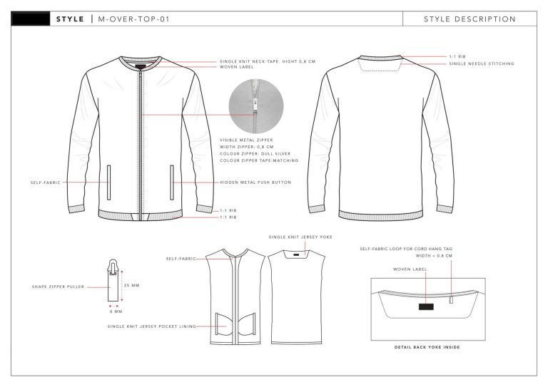 Technical drawings of a men's zipped sweatshirt
